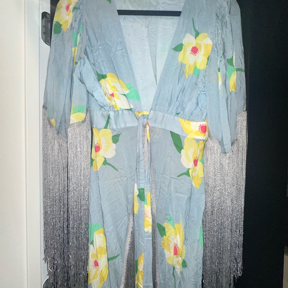 Floral Kimono with Fringe - Blue and Yellow / beach cover up